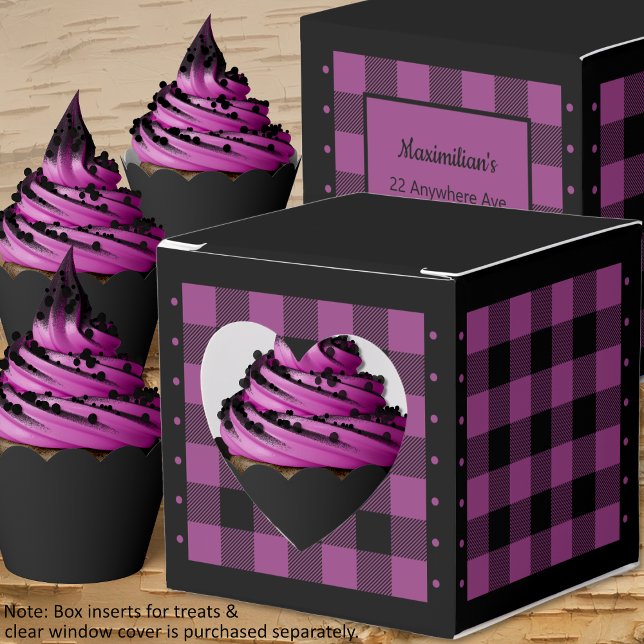 Cheque de búfalo - roxo e preto - Caixa de Favorit (Buffalo Check - Purple and Black - Heart Favor Box - Cupcakes - By Leapfroglisics Shop)