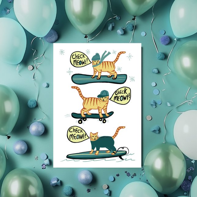 Cheque Meowt! Cartão de gato surfista de skate (Check Meowt! Skateboard Surfer Snowboard Cat Custom Greeting Card
)