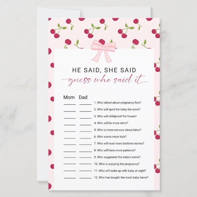 Cherry Baby Shower He Said She Said Game Pink Bow (Frente)