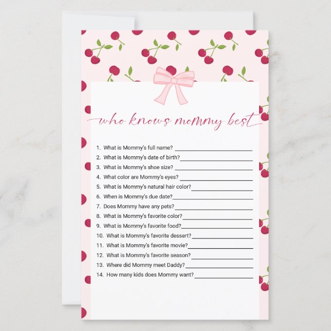 Cherry Baby Shower Who Knows Mommy Best Game (Frente)