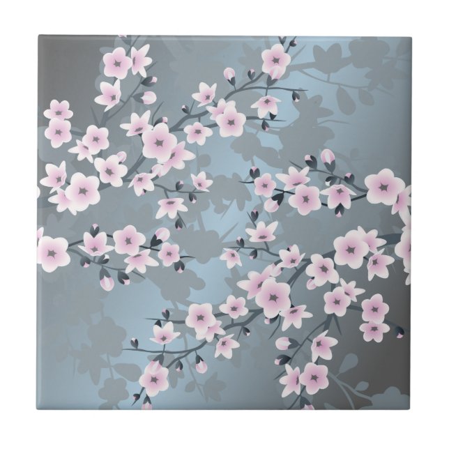 Cherry Blossom Dusky Pink Slate Blue Floral (Frente)
