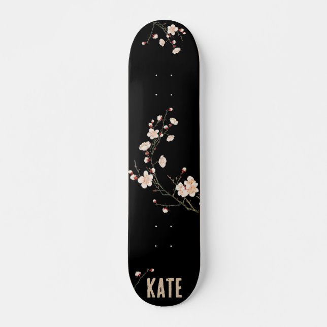 Cherry Blossom Floral Black Skateboard (Frente)