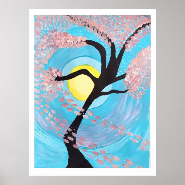 Cherry Blossom Moon Hand Painted Acrylic Poster Ar (Frente)