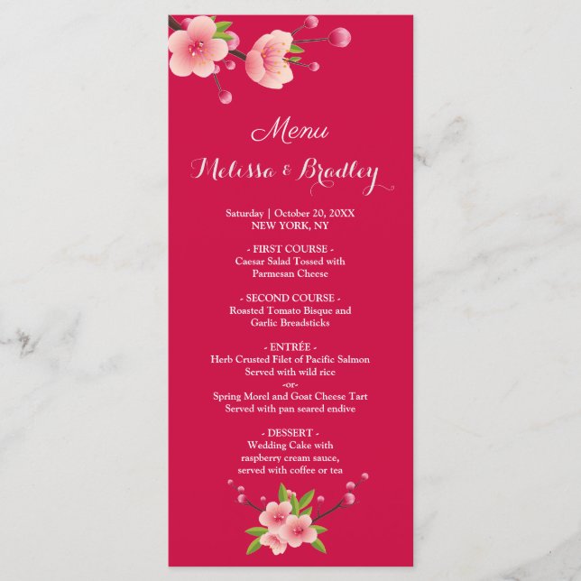 Cherry Blossom Pink Flora Branca Menu Casamento (Frente)