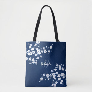 Cherry Blossomo Marinho Azul Monograma Branco Tote