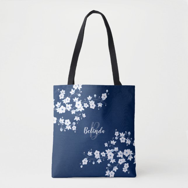 Cherry Blossomo Marinho Azul Monograma Branco Tote (Frente)