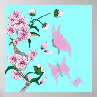 Cherry Blossoms com Borboletas Rosa Poster