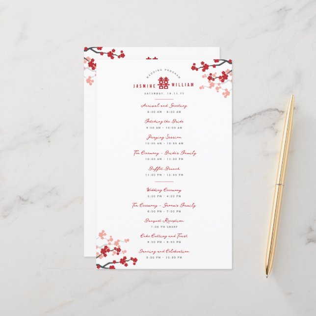 Cherry Blossoms Programa De Casamento Chinês Doubl (Frente/Verso In Situ)
