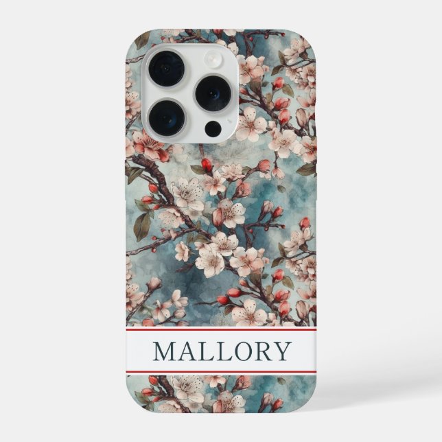 Cherry Blossoms Teal Sakura Print Monogrammed (Verso)