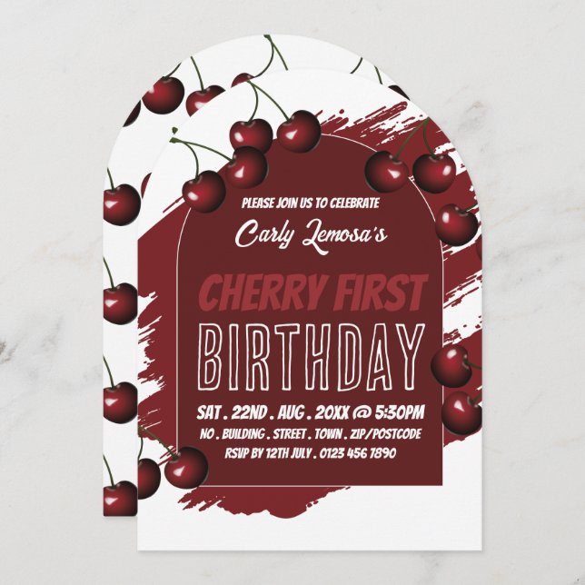 Cherry Design, Cherry First Birthday Convite (Frente/Verso)