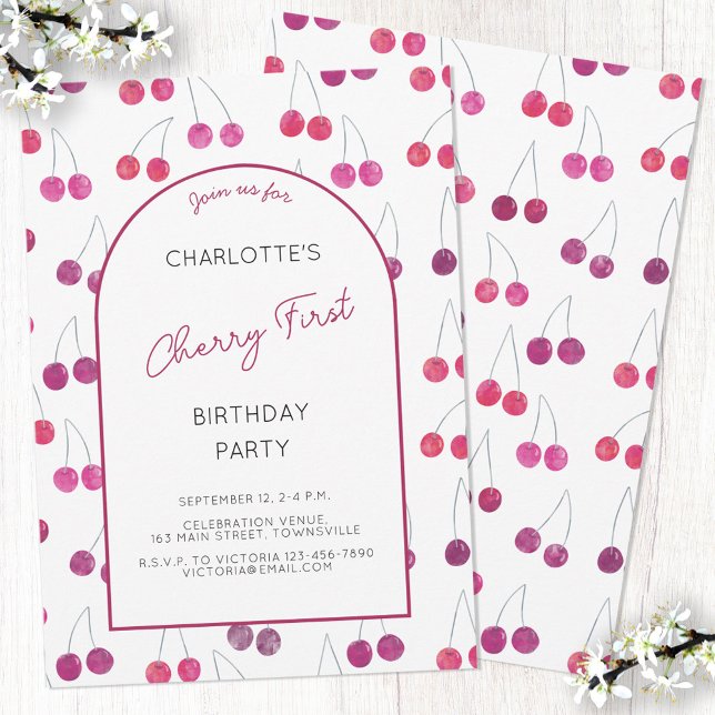Cherry First Convite de aniversário (Watercolor cherries Cherry First birthday party personalized invitation with custom text)