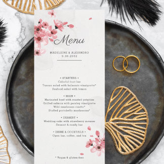 Cherry floresce blush romântico menu de casamento