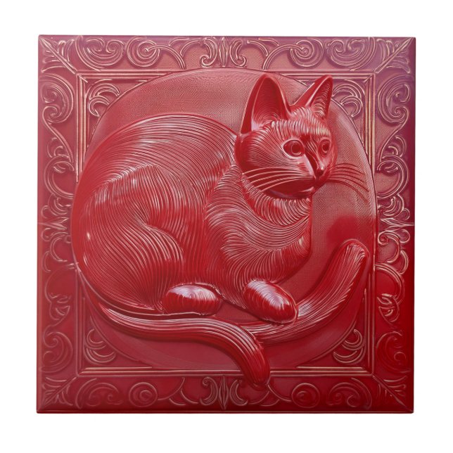 Cherry red faux alivio Art Nouveau Cat (Frente)