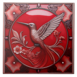 Cherry red faux relief Art Nouveau Hummingbird L