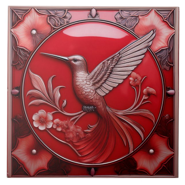 Cherry red faux relief Art Nouveau Hummingbird L (Frente)