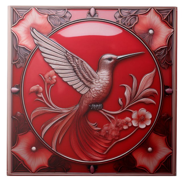 Cherry red faux relief Art Nouveau Hummingbird R (Frente)