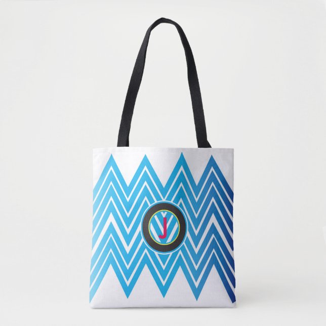 Chevron Monograma Azul Azul Tote Bag (Frente)