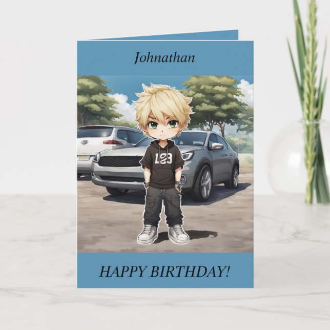 Chibi Boy parado por um cartão de aniversário de c (Frente)