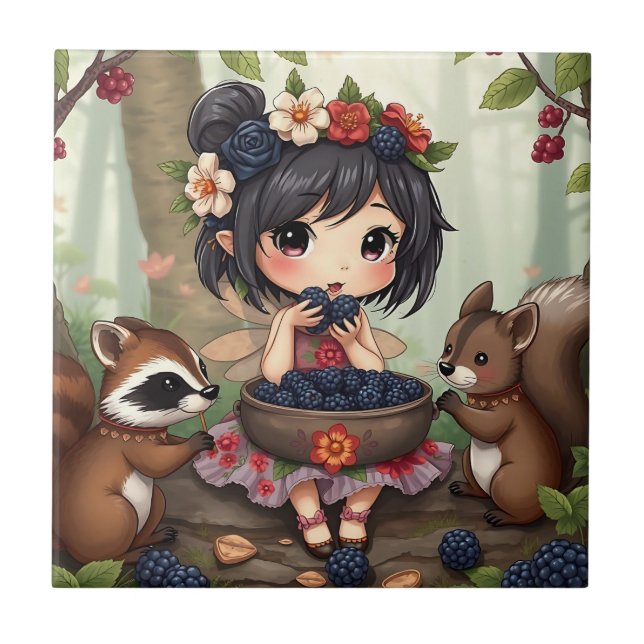 Chibi Fairy Eating Blackberries with Forest Friend (Frente)