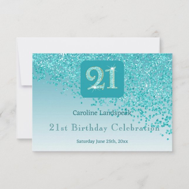 Chic 21 Birthday Teal Blue Glitter RSVP (Frente)