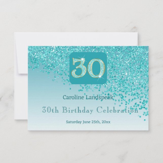 Chic 30 Birthday Teal Blue Glitter RSVP (Frente)