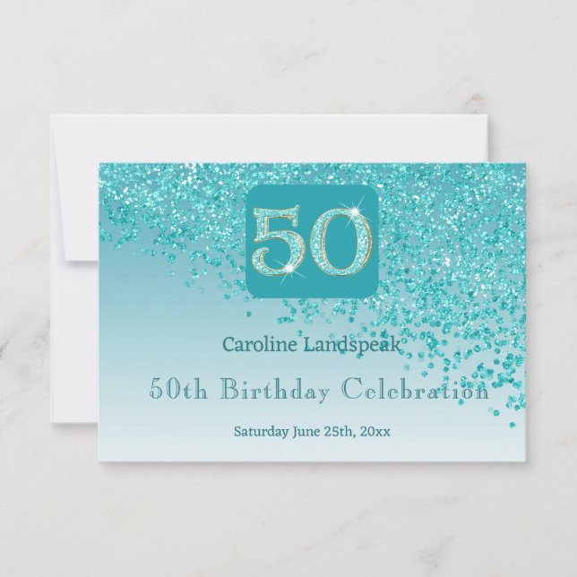 Chic 50 Birthday Teal Blue Glitter RSVP (Frente)