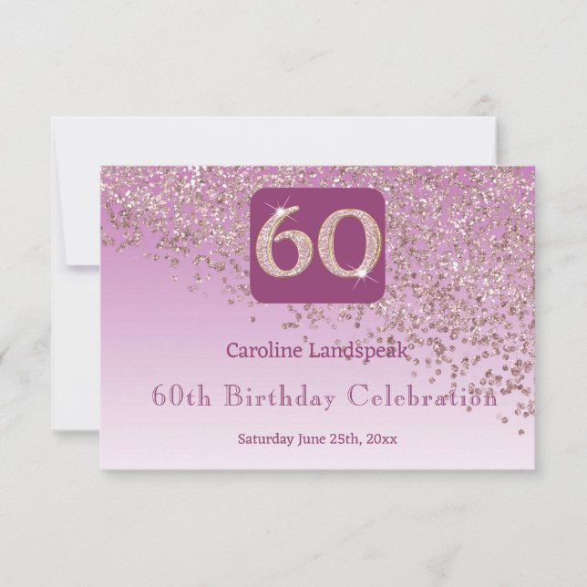 Chic 60 Birthday Rosa Dourada Glitter RSVP (Frente)