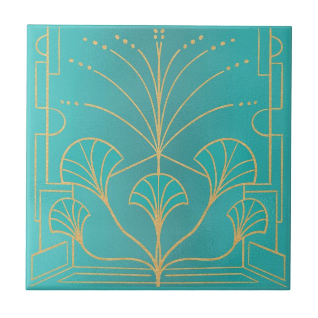 Chic Art deco aqua blue fountain azulejo com palma (Frente)