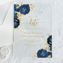 Chic Azul Marinho Dourado Floral Casamento Salve a