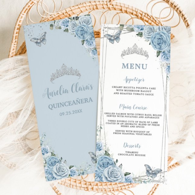 Chic Baby Blue Butterflies Quinceañera Menu (Criador carregado)
