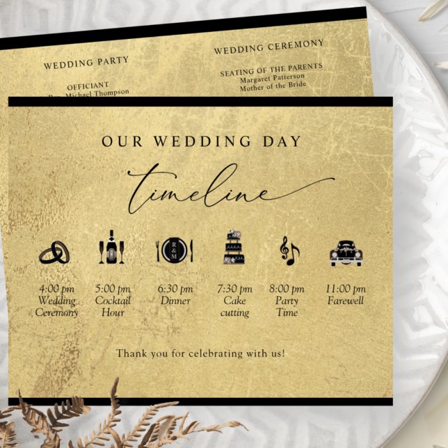 Chic Black and Gold Wedding Timeline and Program (Criador carregado)