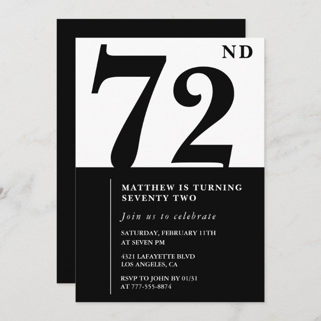Chic Black and White 72.º aniversário convite (Frente/Verso)