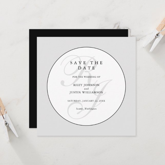 Chic Black and White Monogram Save the Date (Frente/Verso In Situ)