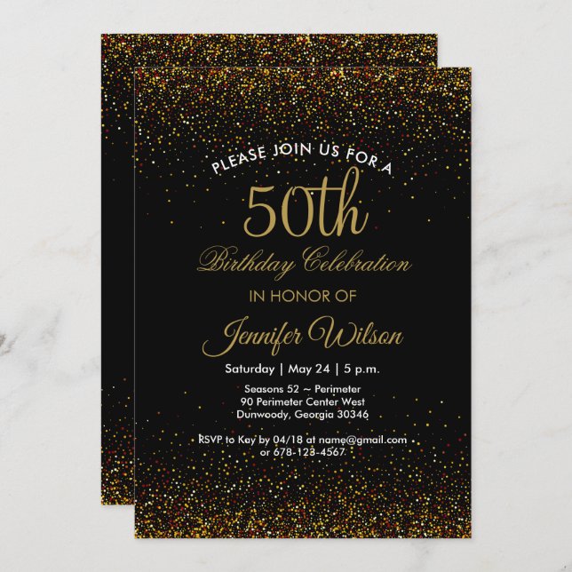 Chic Black & Dourado 50º Convite de aniversário (Frente/Verso)