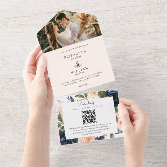 Chic Blush & Marinho Floral Casamento QR Código Fo (Tearaway)