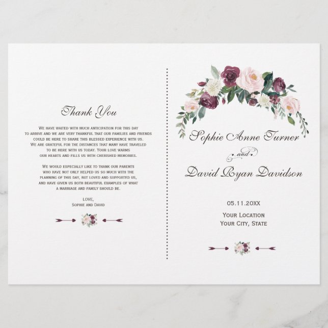 Chic Burgundy Blush Ivory Floral Wedment Program (Frente)