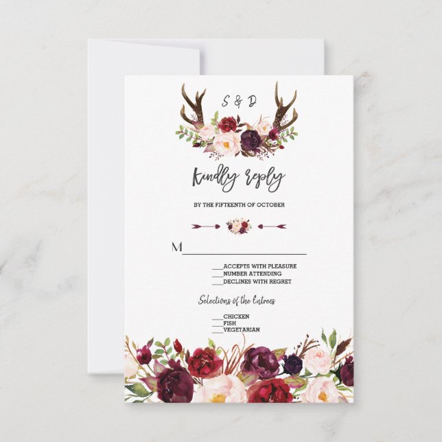 Chic Burgundy Floral Antlers Manuscrito RSVP (Frente)