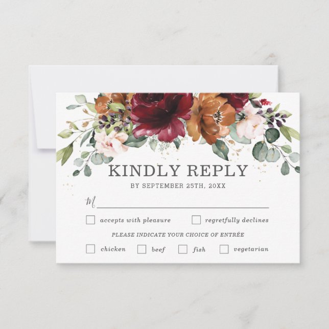 Chic Burgundy Floral Weding RSVP Card (Frente)