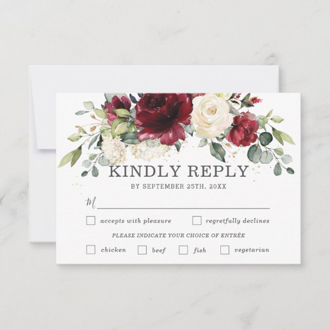 Chic Burgundy Floral Weding RSVP Card (Frente)