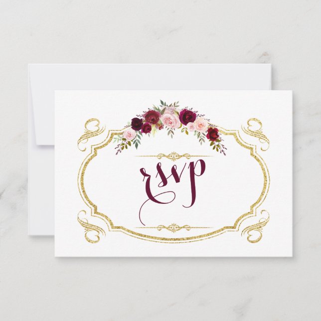 Chic Burgundy Marsala Casamento outono Floral RSVP (Frente)