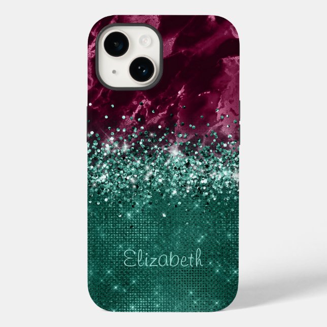 Chic Burgundy Teal Mint Glitter Marble Monograma (Verso)