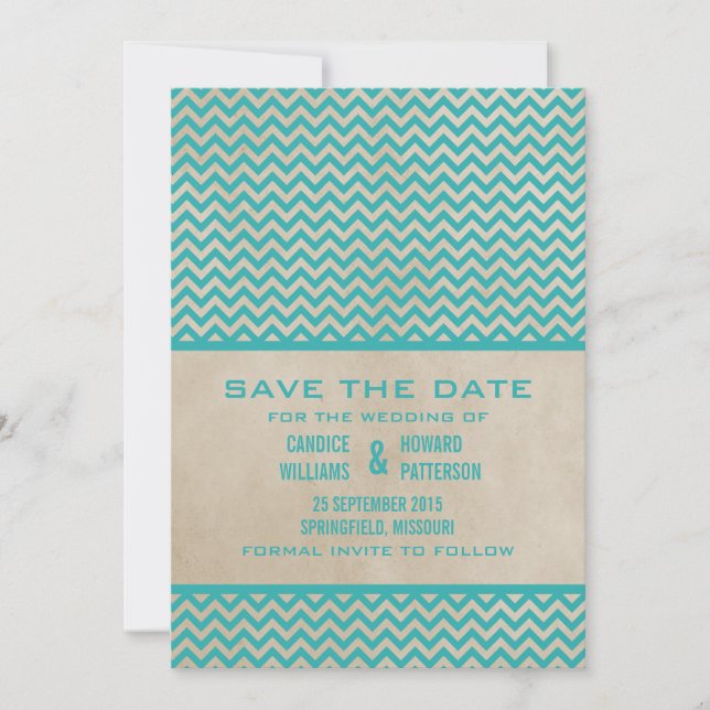 Chic Chevron de Teal Salvar o Convite de Data (Frente)