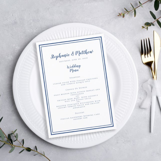 Chic Clássico Azul com Quadro Simples no Menu Casa (Simple Wedding Menu Classic Blue Framed Chic Guest Dinner Menu)