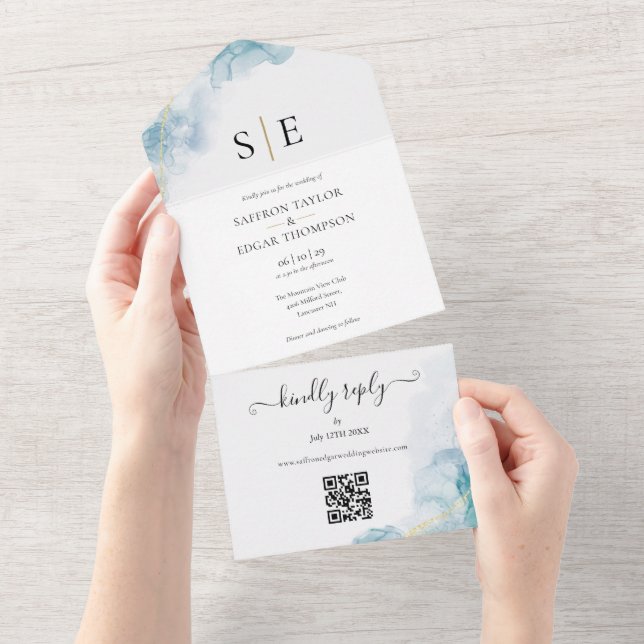 Chic Código QR Monograma Casamento Aquarela Azul (Tearaway)