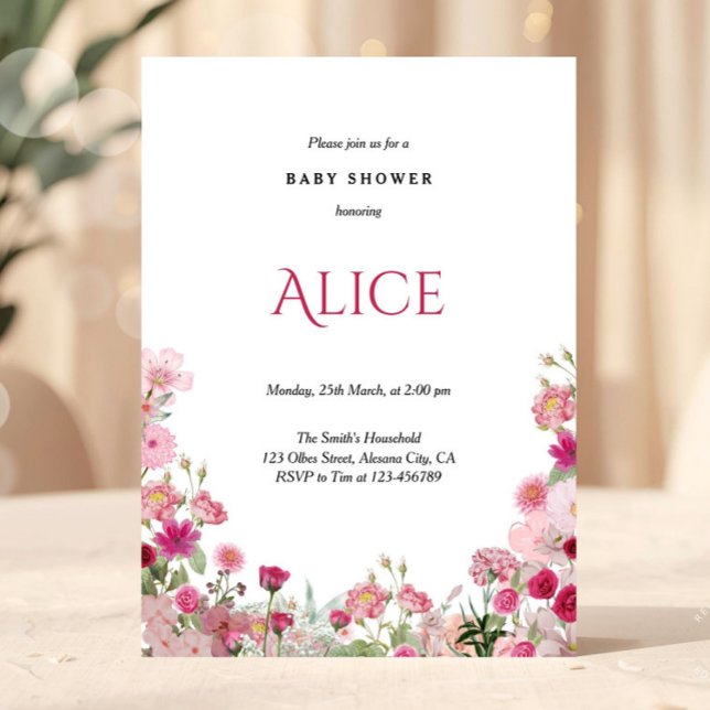 Chic de Convite para Chá de fraldas Rosa Floral pr (Spring Floral baby shower invitation, Pink baby shower invitation, Baby in bloom invitation, Wildflo)