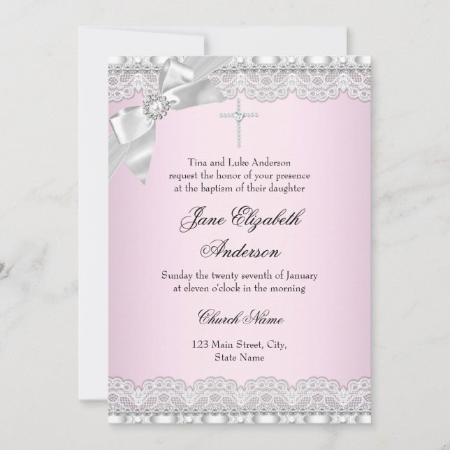 Chic Diamond Lace Pink Baptism Convite (Frente)