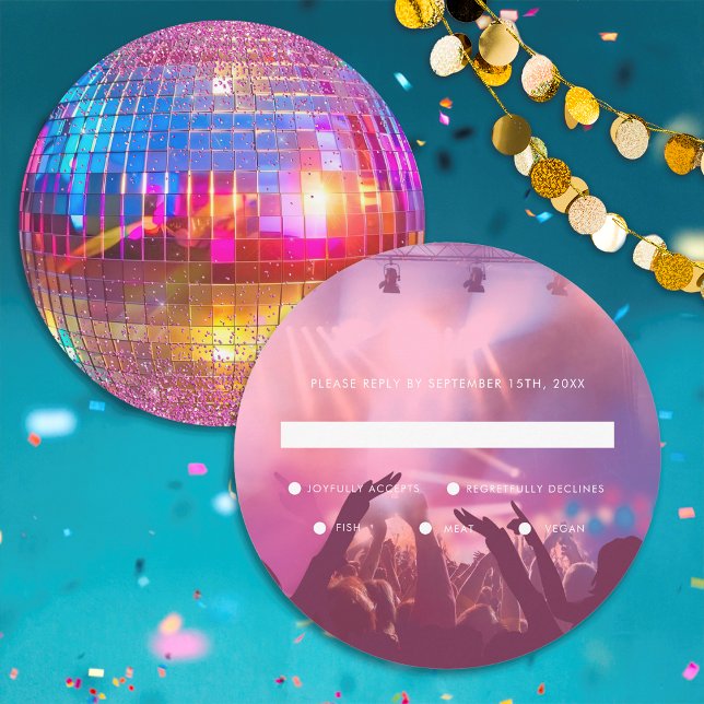 Chic Disco Ball Wedding Pink Glitter RSVP (Front / Back)