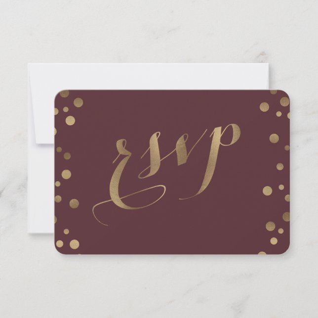 Chic Dourado Confetti Love Burgundy Weding RSVP (Frente)