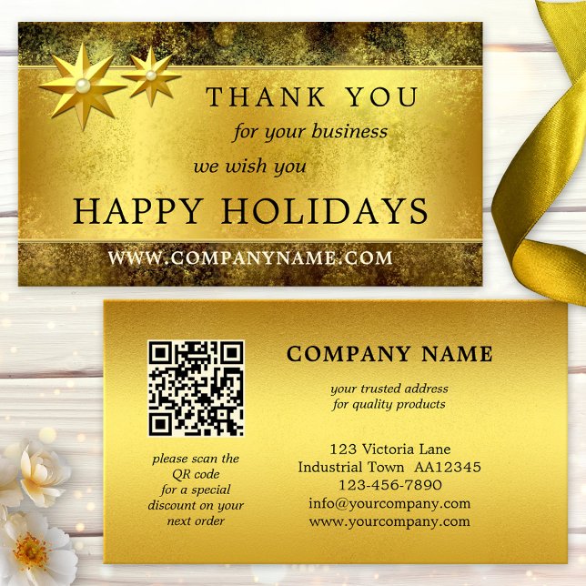 Chic Dourado Obrigado Cartão de visita de Natal QR (Elegant Christmas business card featuring a gold stylized design with stars and your custom QR code)