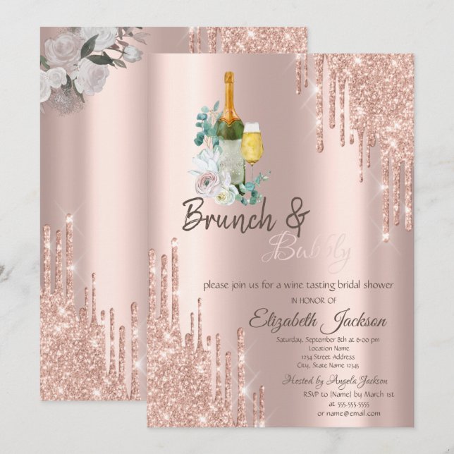 Chic Drips Brunch & Bubbly Chá de Noiva  Convite (Frente/Verso)